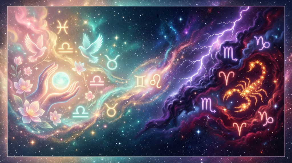 A cosmic illustration comparing the kindest zodiac signs, represented by glowing hands, doves, and soft pastel colors on the left, to the more intense and meanest signs, depicted with a fiery scorpion and dark storm clouds on the right.
