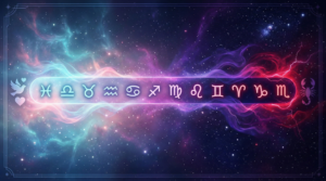A glowing cosmic spectrum ranking the kindest zodiac signs on the left in peaceful blue tones with a dove, transitioning to the most intense signs on the right in fiery red colors with a scorpion.