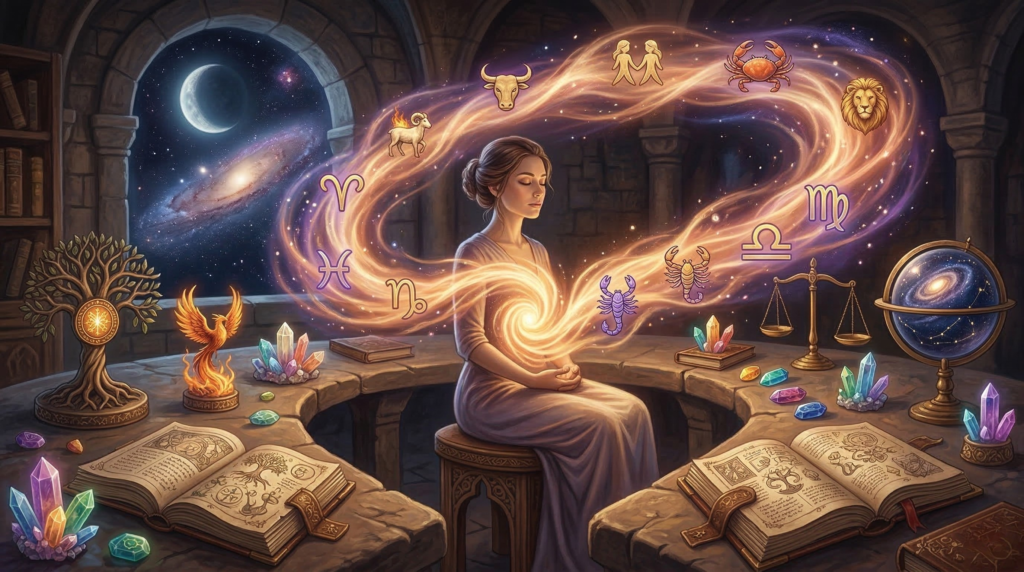 A woman in a mystical setting meditating as a swirling vortex of glowing zodiac symbols and figures manifests from her center, surrounded by crystals and ancient books, symbolizing zodiac superpowers.