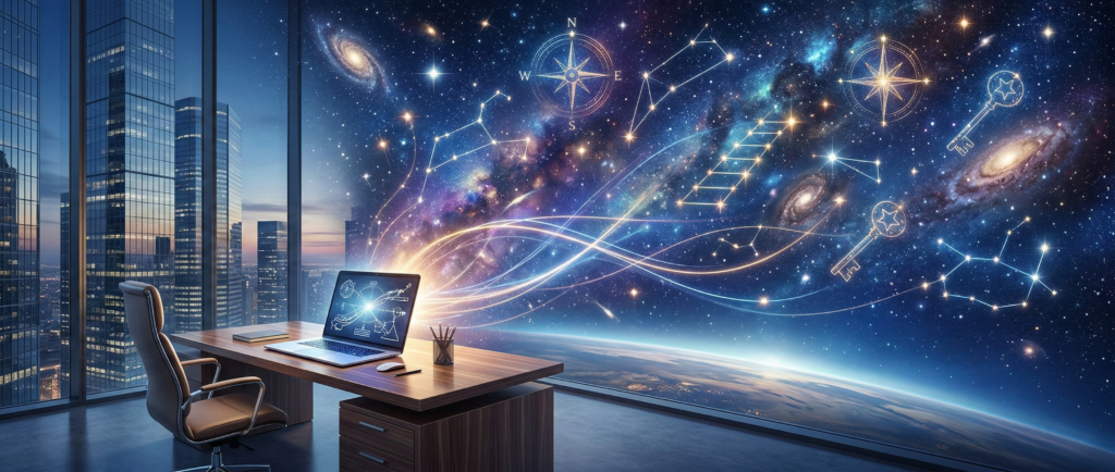 A sophisticated modern luxury office design featuring a wooden desk, leather chair, and a panoramic view blending a vibrant cityscape at night with a fantastical cosmic nebula and constellation mural.