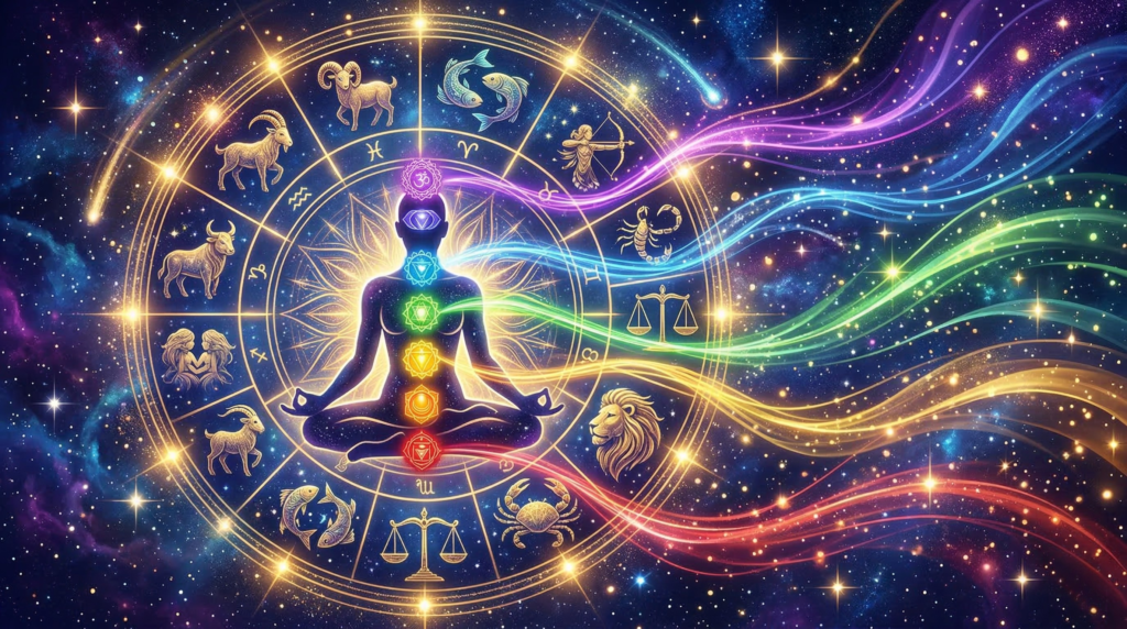 A silhouette of a meditating figure with seven glowing energy centers, surrounded by a golden zodiac wheel and colorful cosmic waves, illustrating the most powerful chakra for each astrological sign.
