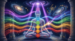 A glowing meditating figure with seven aligned energy centers surrounded by zodiac symbols and cosmic waves, representing the most powerful chakra for each astrological sign.