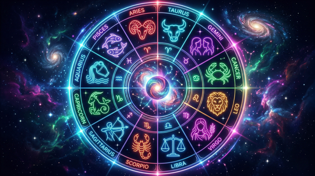 A colorful and detailed illustration of the twelve zodiac signs on an astrology wheel, with glowing lines and a deep cosmic background featuring nebulae and distant galaxies.