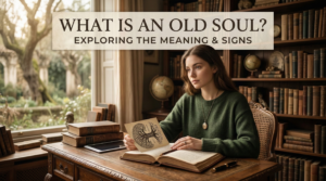 Blog featured image with the text 'What is an old soul? Exploring the meaning & signs'. A thoughtful young woman sits in a vintage library with a cozy window view, reading an old book with a tree illustration, surrounded by antique books and a globe.