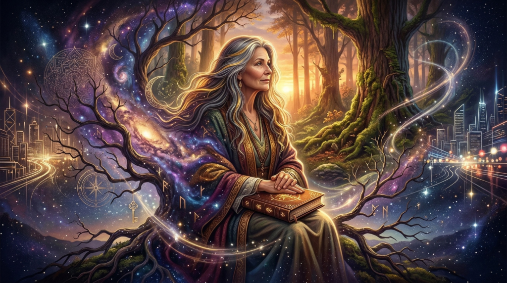 A mystical illustration capturing the old soul meaning, featuring a serene, silver-haired woman holding an ancient book. She sits on twisting tree roots that blend into a sparkling cosmic galaxy, bridging the gap between a tranquil, glowing forest on the right and a modern, fast-paced city skyline on the left.