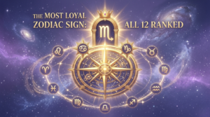 A cosmic infographic banner titled 'The Most Loyal Zodiac Sign: All 12 Ranked' featuring a golden celestial compass with the Scorpio symbol crowned at the top.