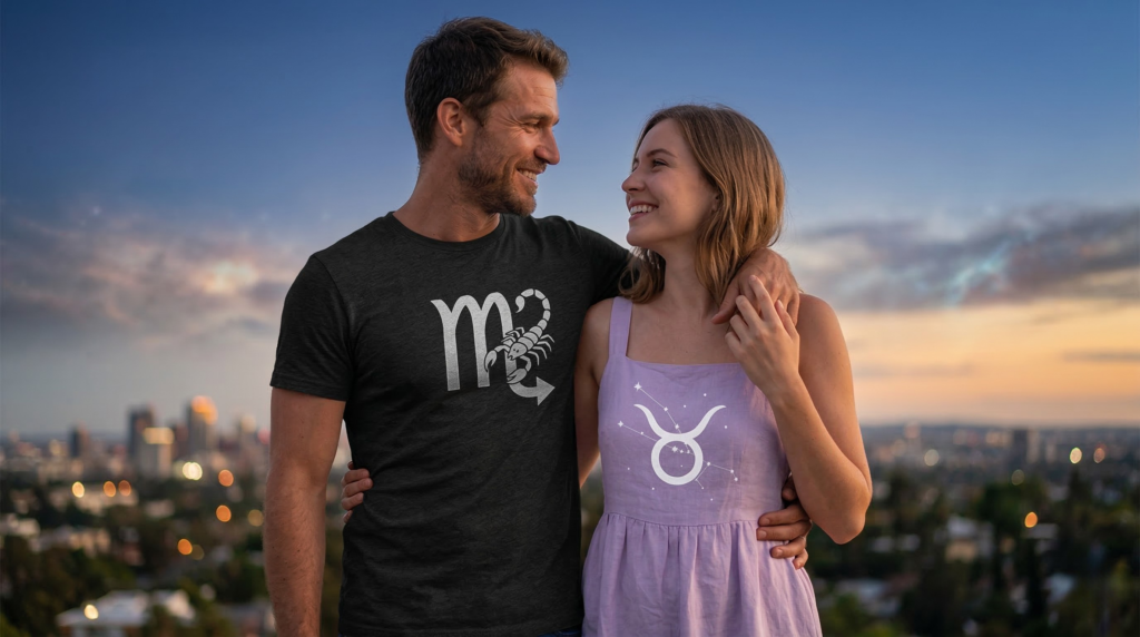 Affectionate couple featuring a Scorpio man and Taurus woman, representing the most loyal zodiac sign, hugging against a twilight city skyline.