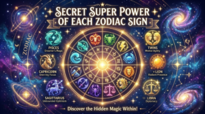 A glowing astrological wheel in space showcasing the secret super power of each zodiac sign surrounded by stars and constellations.