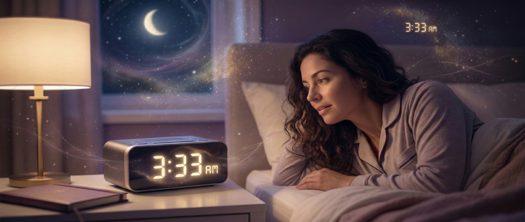 A realistic wide view of a woman thoughtfully staring at a 3:33 AM glowing alarm clock next to a moonlit window, illustrating the spiritual meaning behind seeing angel numbers at night.