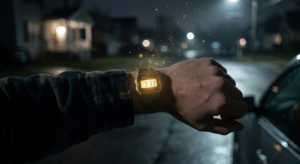 A candid close-up of a person's wrist outdoors at night wearing a digital watch displaying 3:33, illustrating the concept of seeing angel numbers at night.