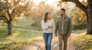 A smiling couple holding hands while walking on a sunlit nature path with a white feather floating nearby, symbolizing clear soulmate signs.