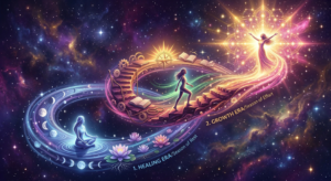 A celestial infographic depicting a person's journey through three distinct spiritual seasons within an infinite cosmic loop: the Healing Era (Season of Rest), the Growth Era (Season of Effort), and the Glow Up Era (Season of Radiance & Alignment), set in a vibrant galaxy.