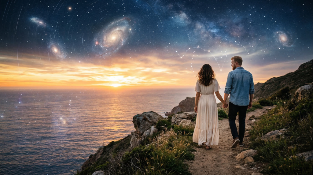 A couple holding hands walking along a coastal cliff at sunset under a cosmic starry sky, illustrating spiritual soulmate signs.