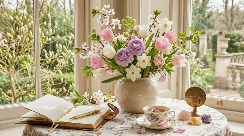 A sunlit photograph of a spring altar setup by a window, featuring a vase of mixed spring flowers, an open journal, a teacup, and a collection of crystals for Spring Equinox Rituals.