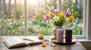 A curated still life by a window for Spring Equinox Rituals, featuring a vase of mixed spring flowers, two balanced candles on a gold tray, crystals, and an open journal with a pen.