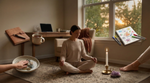 A woman sits in a meditative cross-legged pose on a rug in a sunlit living room, eyes closed, surrounded by floating surreal objects and body parts. To her left, a large disembodied hand holds a bowl of smooth stones over a smaller disembodied hand. Above, a leather-bound journal with a pen, a steaming mug, a sketchbook filled with colorful drawings, and marker pens float in the air. Beside her on the right are a lit pillar candlestick and a large amethyst crystal cluster, with a bare foot emerging from off-camera. The window behind her shows trees at sunset.