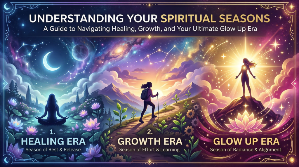 An illustrated banner titled Understanding Your Spiritual Seasons, depicting a woman's journey through three life phases: meditating under a starry night sky for the Healing Era, hiking up a mountain at sunrise for the Growth Era, and shining brightly on a mountain peak for the Glow Up Era.