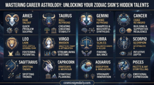 A comprehensive infographic chart titled 'Mastering Career Astrology: Unlocking Your Zodiac Sign's Hidden Talents,' displaying illustrated icons, sign names, and specific career talents for all 12 zodiac signs, like quick problem-solving for Aries and creating stability for Taurus.