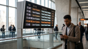 A traveler in a modern train station stands near a digital departures board displaying the time 11:44, illustrating an everyday encounter with the 1144 Angel Number.