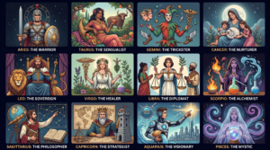 A colorful 12-panel illustrative grid showcasing the 12 Zodiac archetypes. Each distinct illustration features a detailed fantasy character and text for a different sign, including 'Aries: The Warrior', 'Taurus: The Sensualist', 'Gemini: The Trickster', 'Cancer: The Nurturer', 'Leo: The Sovereign', 'Virgo: The Healer', 'Libra: The Diplomat', 'Scorpio: The Alchemist', 'Sagittarius: The Philosopher', 'Capricorn: The Strategist', 'Aquarius: The Visionary', and 'Pisces: The Mystic'.