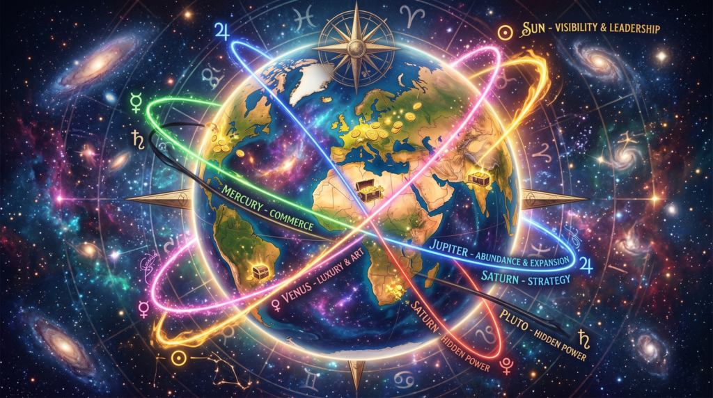 An artistic illustration of a glowing globe with planetary pathways, astrological symbols, and golden treasure chests, demonstrating how to find your best astrocartography lines for money and geographic wealth.