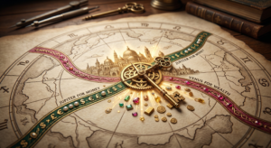 A vintage astrological map featuring a golden key, jewels, and planetary pathways, illustrating how to find your astrocartography lines for money.