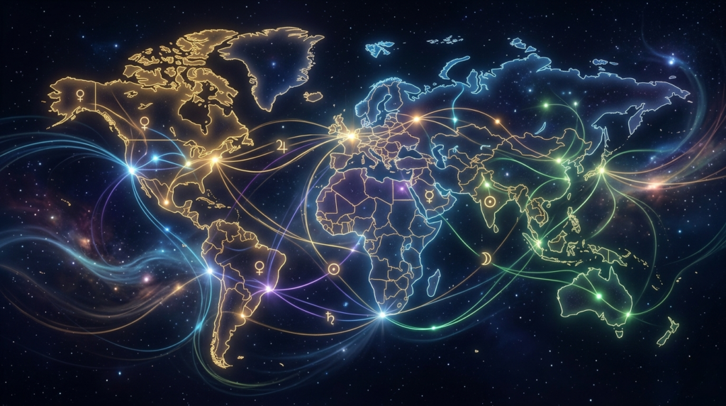 A glowing world map set against a starry cosmic background, featuring colorful intersecting planetary paths and astrological symbols to illustrate astrocartography lines meaning across different geographic regions.
