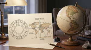 A detailed natal birth chart and a world map with labeled planetary lines sit on a professional desk next to a vintage globe, crystals, and fountain pens, illustrating the technical process of uncovering your astrocartography lines meaning.