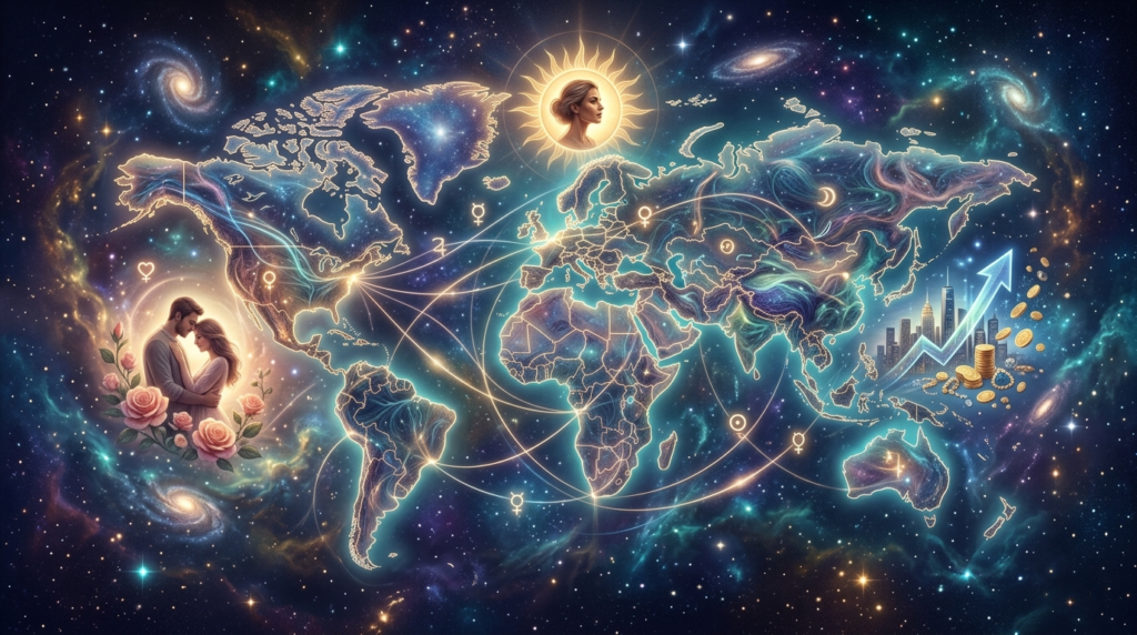 A glowing Astrocartography map overlaid on a starry world map. Magical planetary lines connect regions. On the left, a couple embraces near roses, symbolizing love. On the right, gold coins and a rising arrow near a city skyline represent wealth and career success.