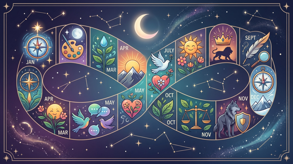 A mystical celestial banner illustrating your birth month personality. It features a cosmic infinity loop with unique symbols for different months, like a compass, paint palette, and lion, set against a starry deep blue night sky.