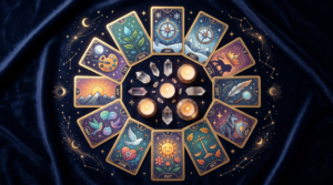 A top-down view of twelve mystical cards arranged in a circle on dark blue velvet, representing your birth month personality, surrounded by glowing candles and quartz crystals.