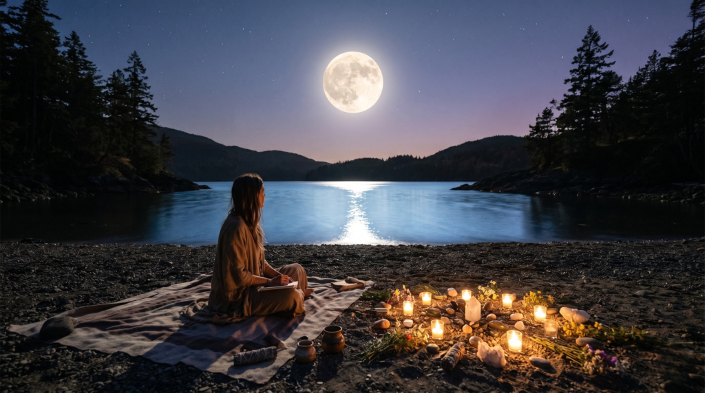 A woman in a reflective full moon rituals sits meditatively on a pebbly beach at night. Before her is a circular arrangement of lit candles and crystals. She looks out over a calm lake towards dark, tree-covered hills, under a vast night sky with a large, bright full moon and stars. The moonlight reflects on the water.