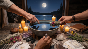 Hands performing full moon rituals over a bowl of water reflecting the bright moon, surrounded by lit candles, crystals, sage, and tarot cards on a rustic wooden table by a window overlooking a lake at night.