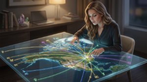 A woman in a modern study at night interacts with a large, glowing holographic map of North America, pointing to specific astrological markers and angles (AC, MC, DC, Venus, Mars) related to the practice of Astrocartography.