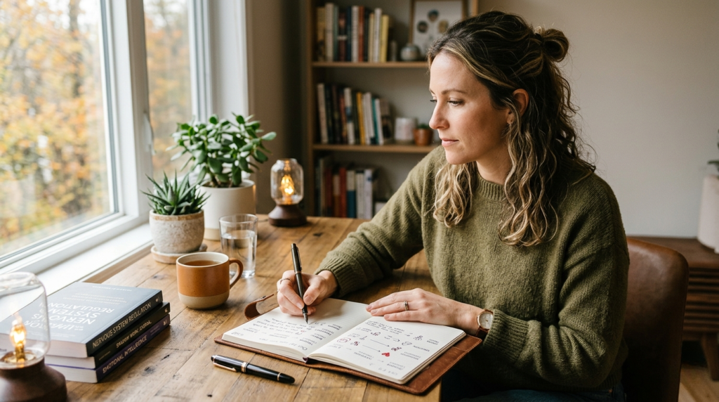 A woman writing in a journal at a wooden desk, practicing how to identify emotional triggers.