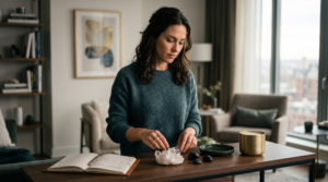 A woman in a professional setting focusing on her intention with crystals and a journal to learn how to manifest effectively.