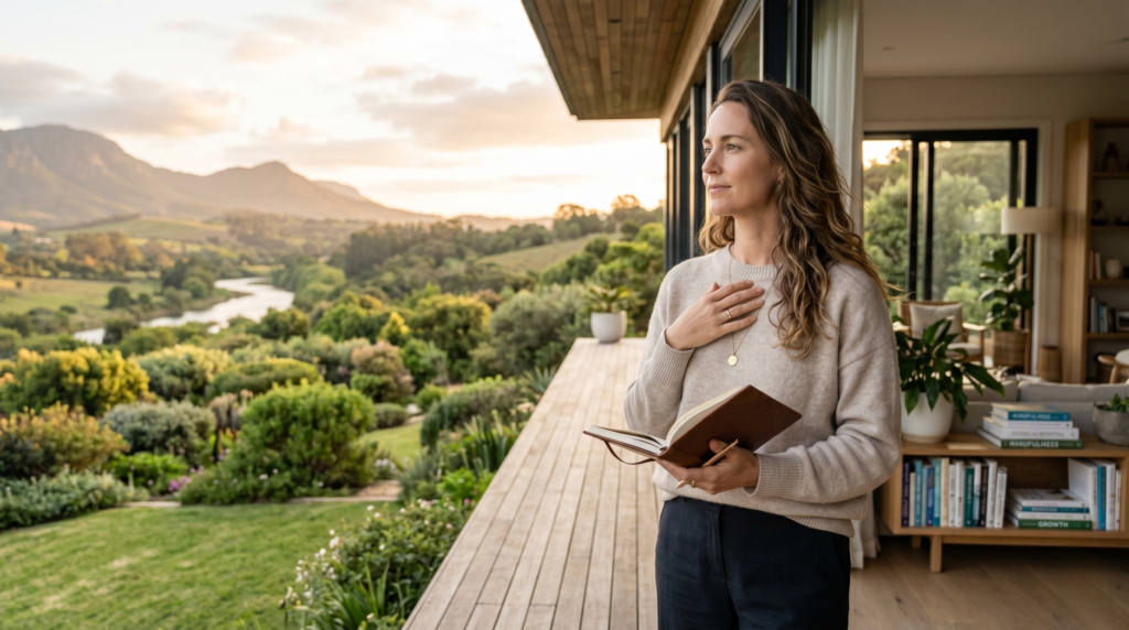 A serene woman holding a journal on a peaceful balcony, practicing how to manifest with clear intention.
