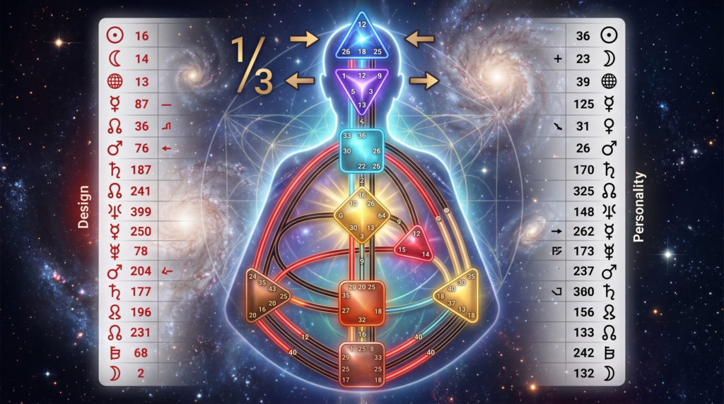 Detailed Bodygraph illustration showing energy centers, red and black channels, and planetary symbols to help beginners learn how to read human design chart.