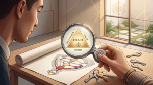 A close-up view of the Heart center under a magnifying glass, illustrating how to read human design chart elements like willpower and value.