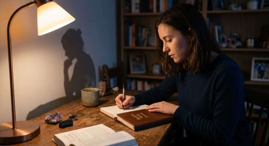 Woman journaling at a wooden desk.
