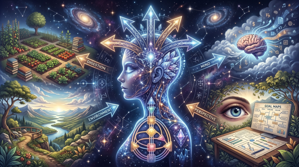 A cosmic silhouette surrounded by stars, featuring four glowing arrows emerging from the head to illustrate the four Human Design arrows that represent digestion, environment, perspective, and mind.
