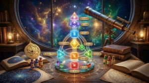 An antique, mystical study scene featuring a central, glowing 3D crystal structure of the Human Design Bodygraph with nine numbered and labeled energy centers: Crown, Ajna, Throat, G Center, Heart, Solar Plexus, Sacral, Spleen, and Root (labeled twice). The Bodygraph is surrounded by old books with intricate astrological charts, a vintage telescope, an astrolabe, raw crystals, and small potion bottles, all set before a large circular window looking out onto a vibrant cosmic nebula.