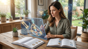 A professional woman at a desk uses a stylus to study a personalized Human Design BodyGraph chart on a tablet, focusing on the specific Human Design Gates that define her active energetic circuitry.