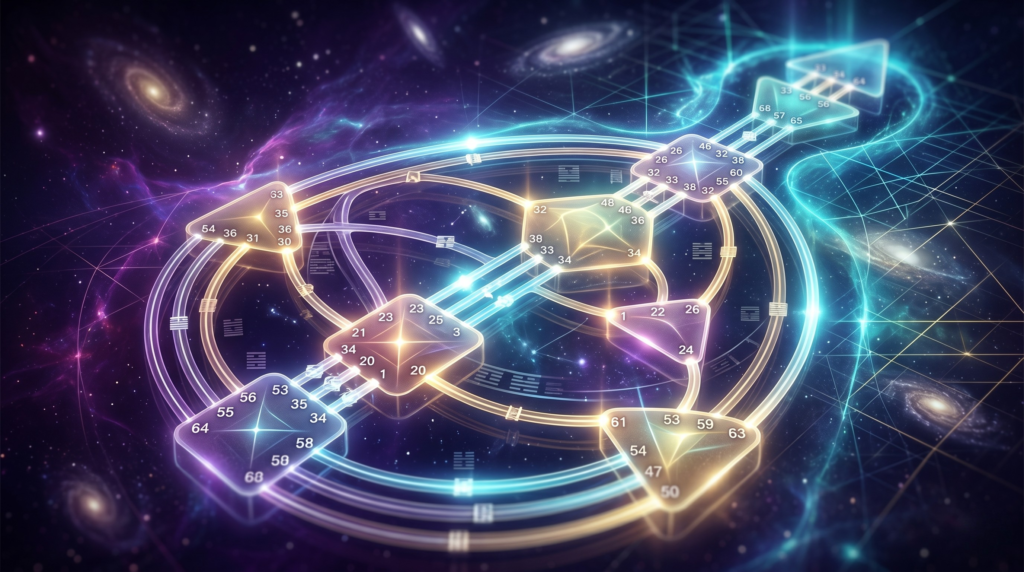 A glowing cosmic architecture representing the complex circuitry of Human Design Gates and Channels.