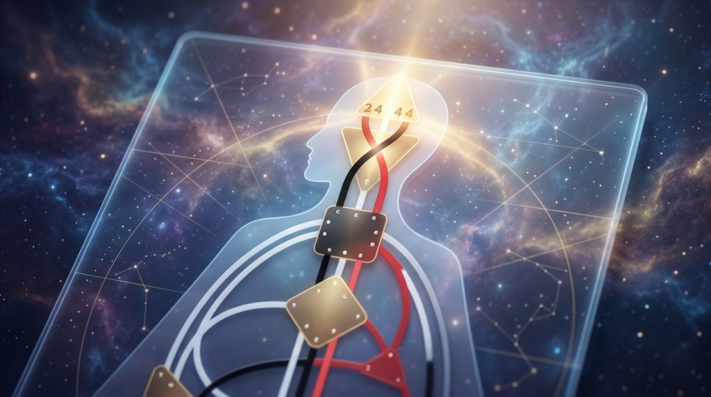 A glowing cosmic BodyGraph chart illustrating the Human Design Incarnation Cross meaning and life purpose.