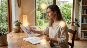 A woman studying her chart to understand her Human Design Incarnation Cross meaning, surrounded by glowing geometric lines representing her life purpose.