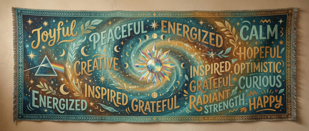 A vibrant cosmic tapestry featuring positive emotional states and a central glowing star, illustrating the alignment achieved by trusting your Human Design Inner Authority.