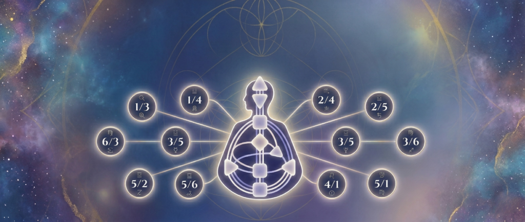 A visual representation of the twelve human design profiles orbiting a glowing central bodygraph chart over a cosmic nebula background.