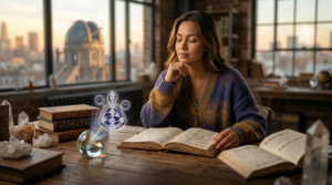 A woman is sitting at a desk and thinking with books and crystals, and in front of her is a hologram with the human design system with two profiles: 1/3 and 4/1.