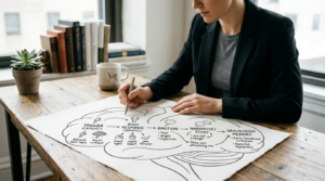 A woman at a wooden desk works with a detailed chart illustrating the system of identifying emotional triggers, mapping the process from initial trigger to somatic response, emotion, narrative, and root memory origin.